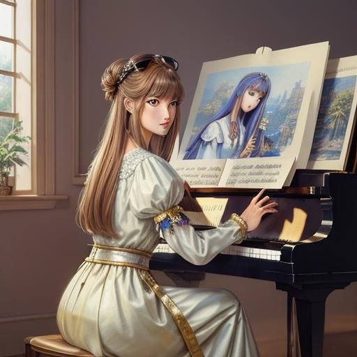 Girl Plays Piano in Watercolor Princess Style