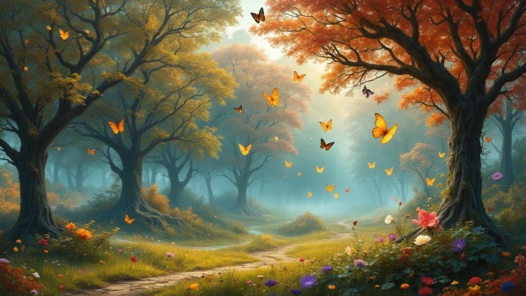 Mystical Orchard with Ethereal Figures and Autumn Harvest