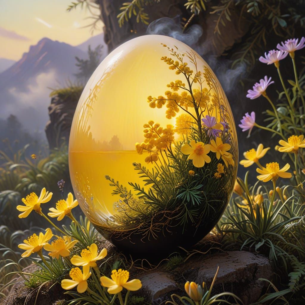 Vibrant Macro Oil Painting of Egg with Mimosa and Crocuses