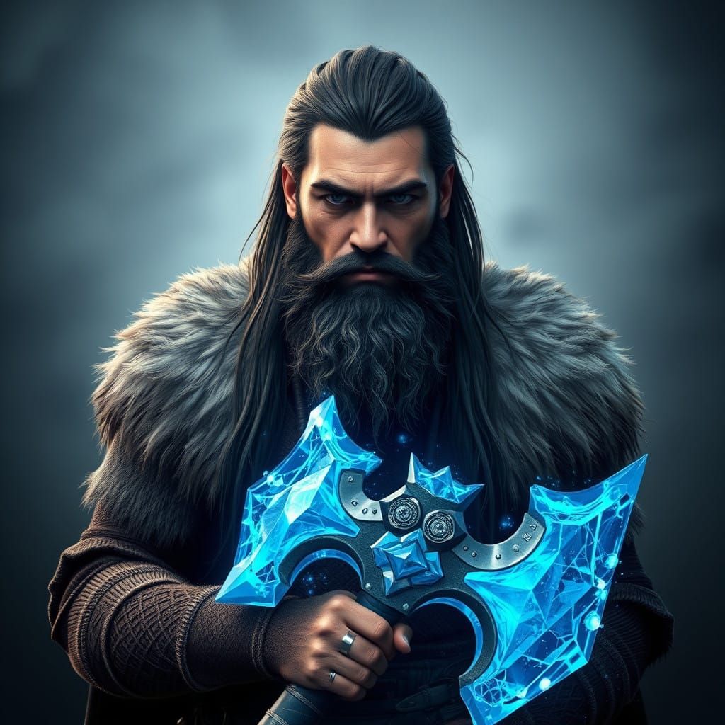 Strong Bearded Man Wields Glowing Blue Ice Axe in Fantastica...