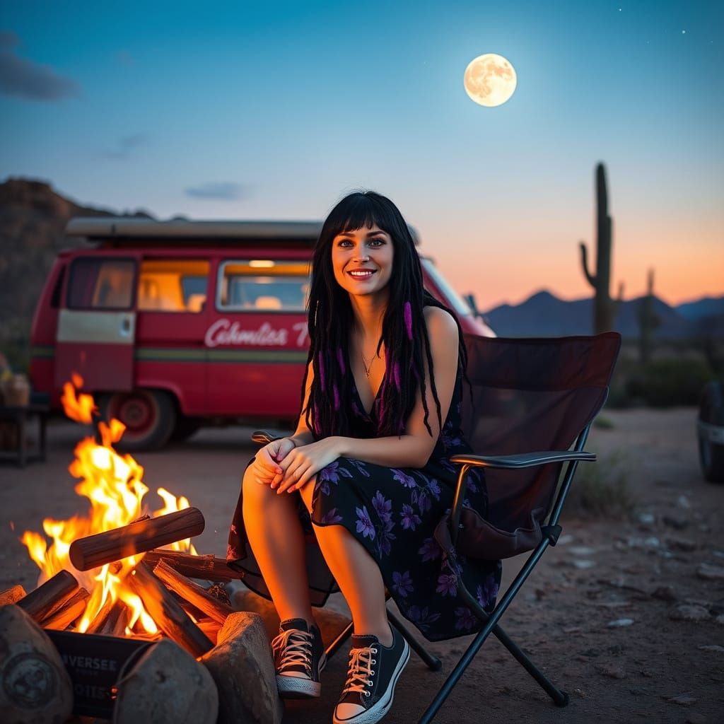 Desert Stargazer with Vintage Van in Digital Art Style