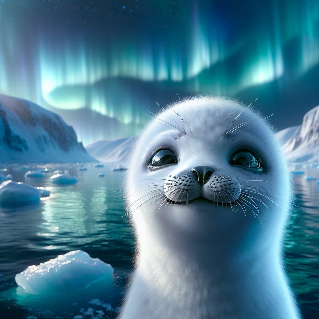 A portrait of a cute baby white seal that is smiling in the arctic, watery eyes, colorful northern lights, snowy mountai...