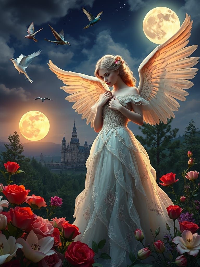 Victorian Angelic Figure in Moonlit Garden