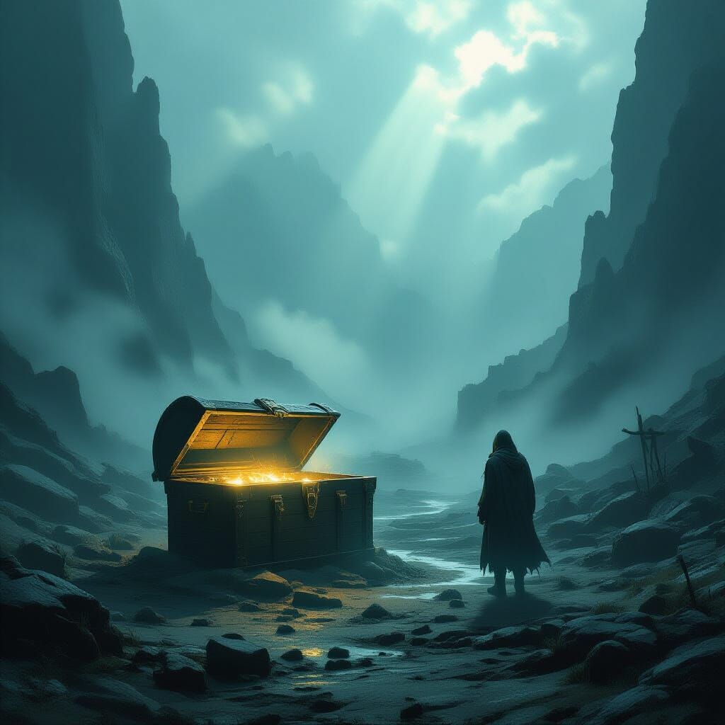 Ancient Chest in Misty Valley: Dark Fantasy Art