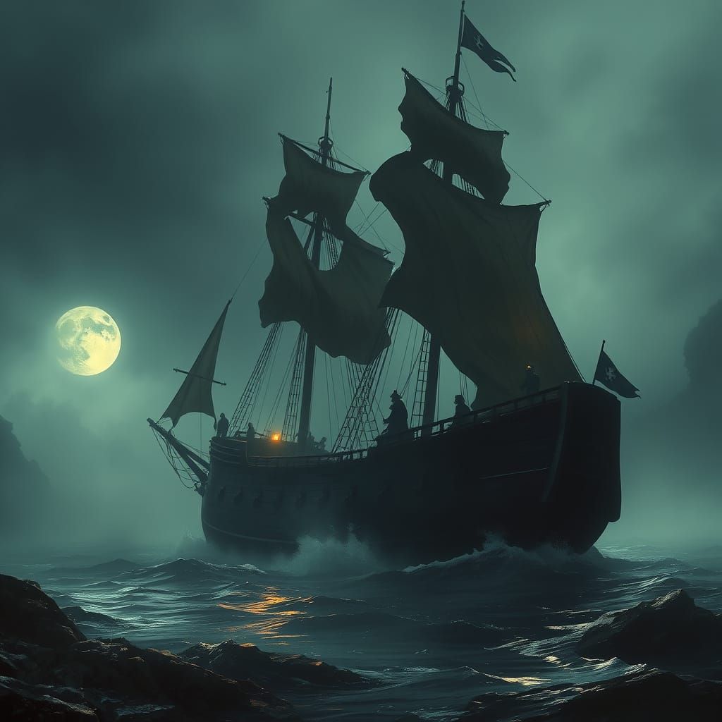 Moonlit Pirate Ship in a Misty Cove