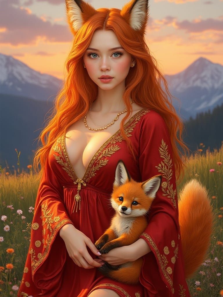 Fox-Spirit Woman with Kits in Dreamy Meadow