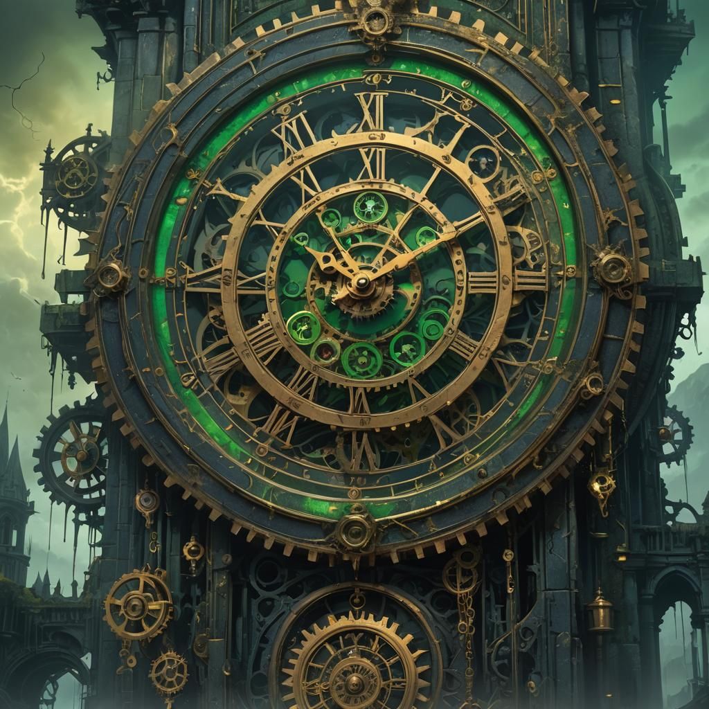 Eerie Gothic Clock in Abandoned Landscape