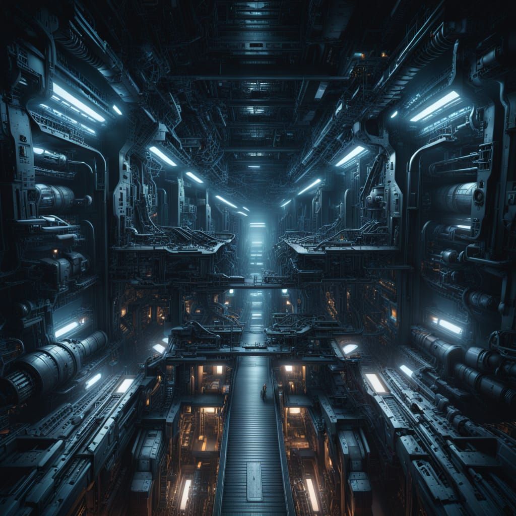 Science Fiction Machine Complex with Glowing Blue Circuits