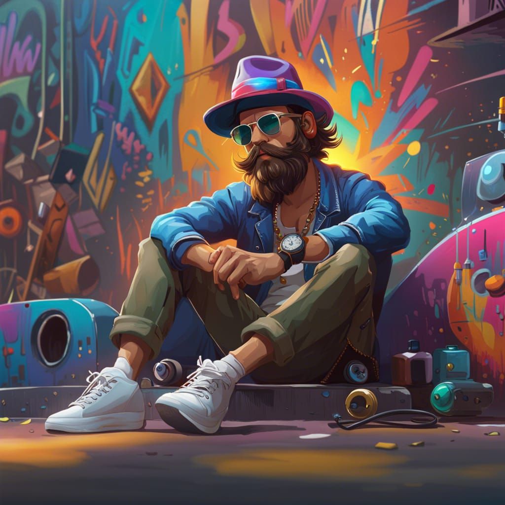 Hipster on Bumper with Graffiti, Art Nouveau Style