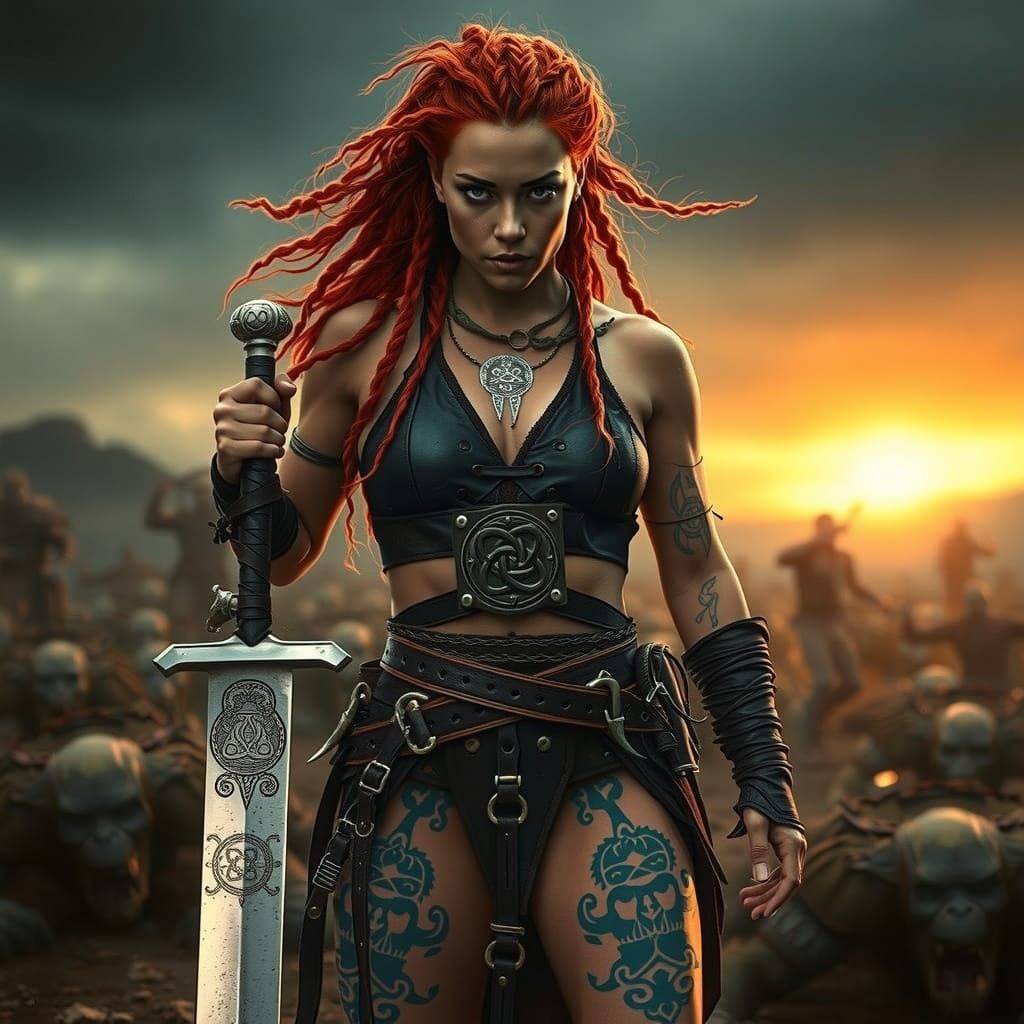 Fearless Female Barbarian Warrior in Epic Battle Scene