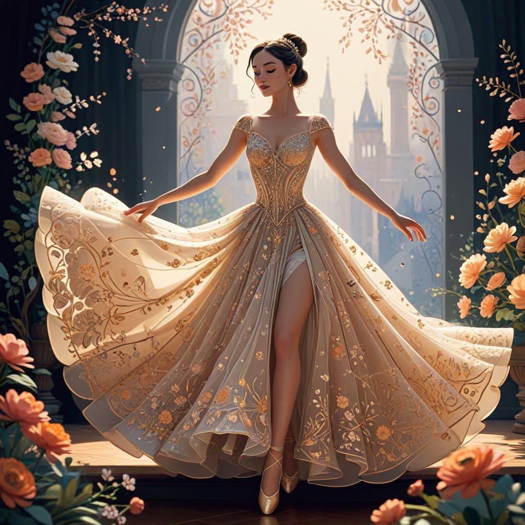 Elegant Cartoon Ballerina on Floral Stage in 2D Style