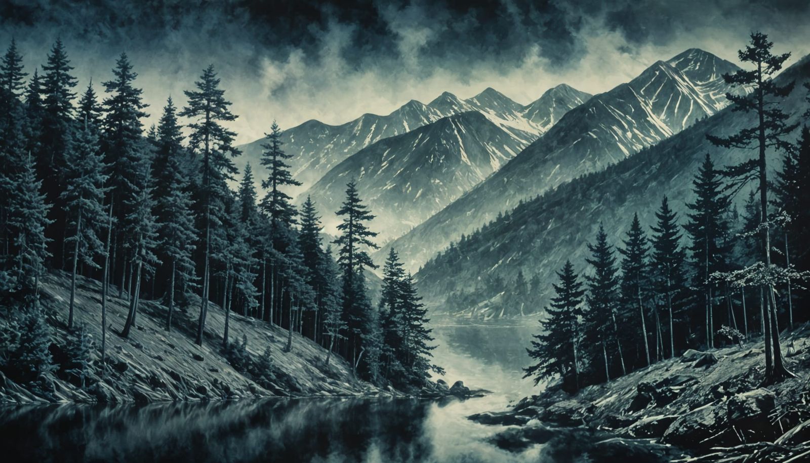 Mountain Lake in Dark Green Woods: Cyanotype Photography