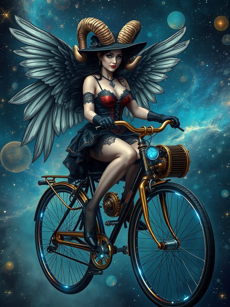 Gothic Witch Rides Steampunk Bicycle Through Cosmos