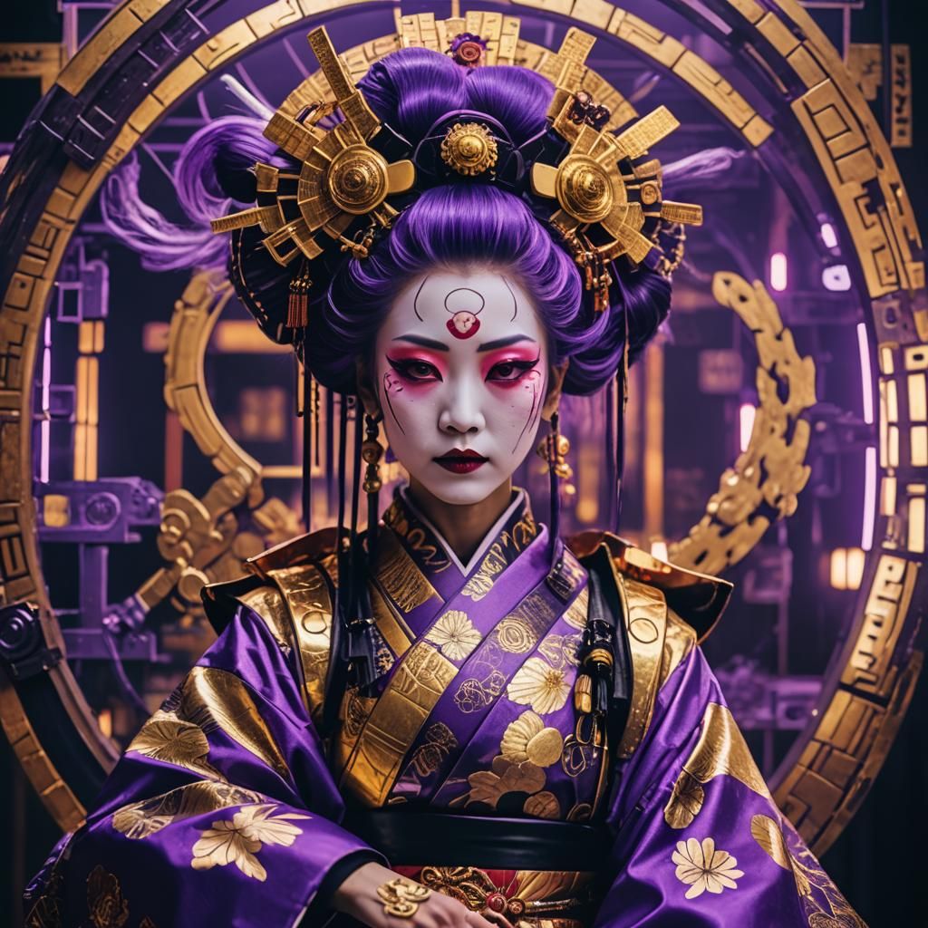 Cyberpunk Oiran with Purple Hair and Golden Details