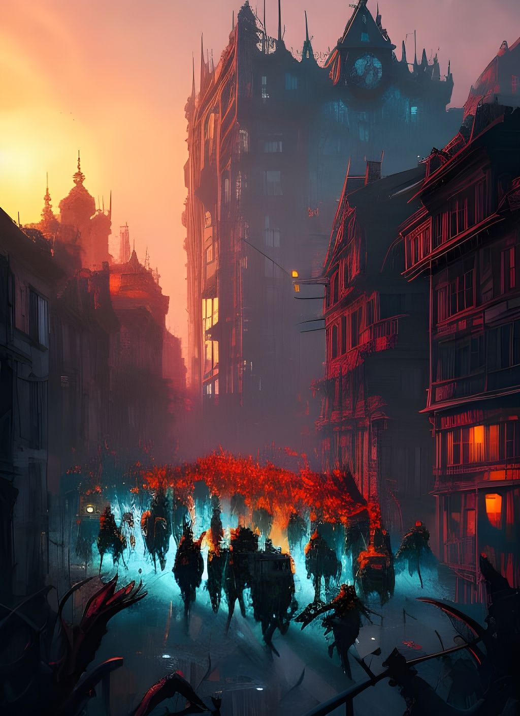 Undead Horde Roams City, Hyperdetailed Gouache Illustration
