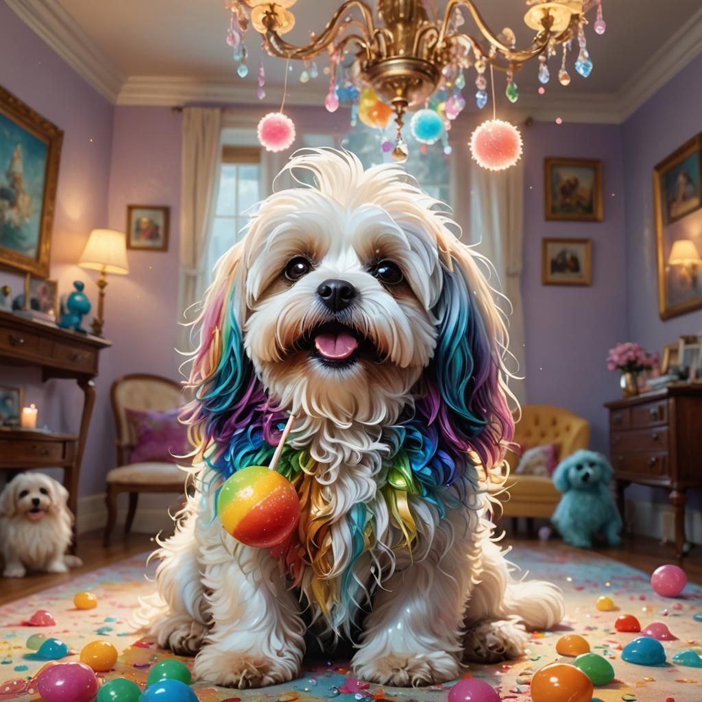 Cute Havanese Monster with Lollipop, Fantasy Concept Art