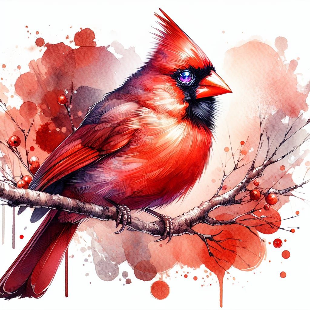 Watercolor Cardinal with Luminous Eyes on Red Branch