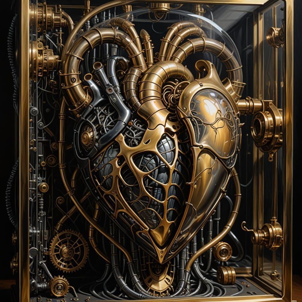Cybernetic Heart in Golden Hour Oil Painting