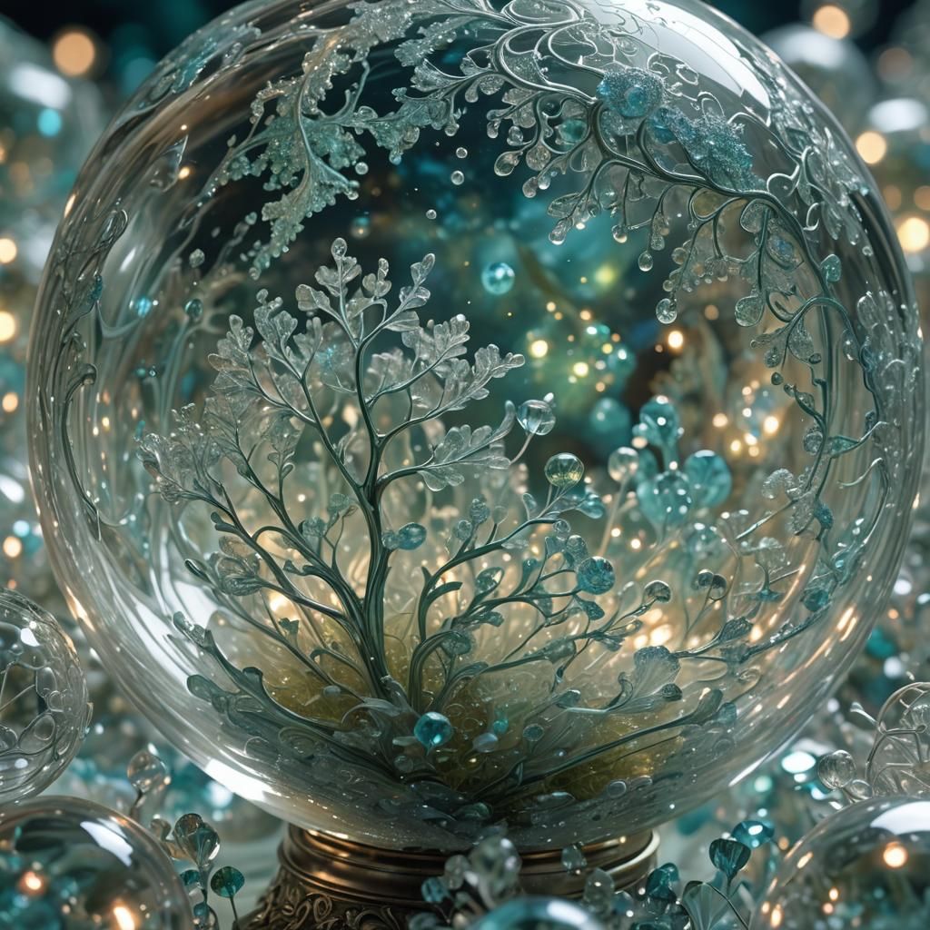 Crystal Globe Filled with Swirling Fractals of Life