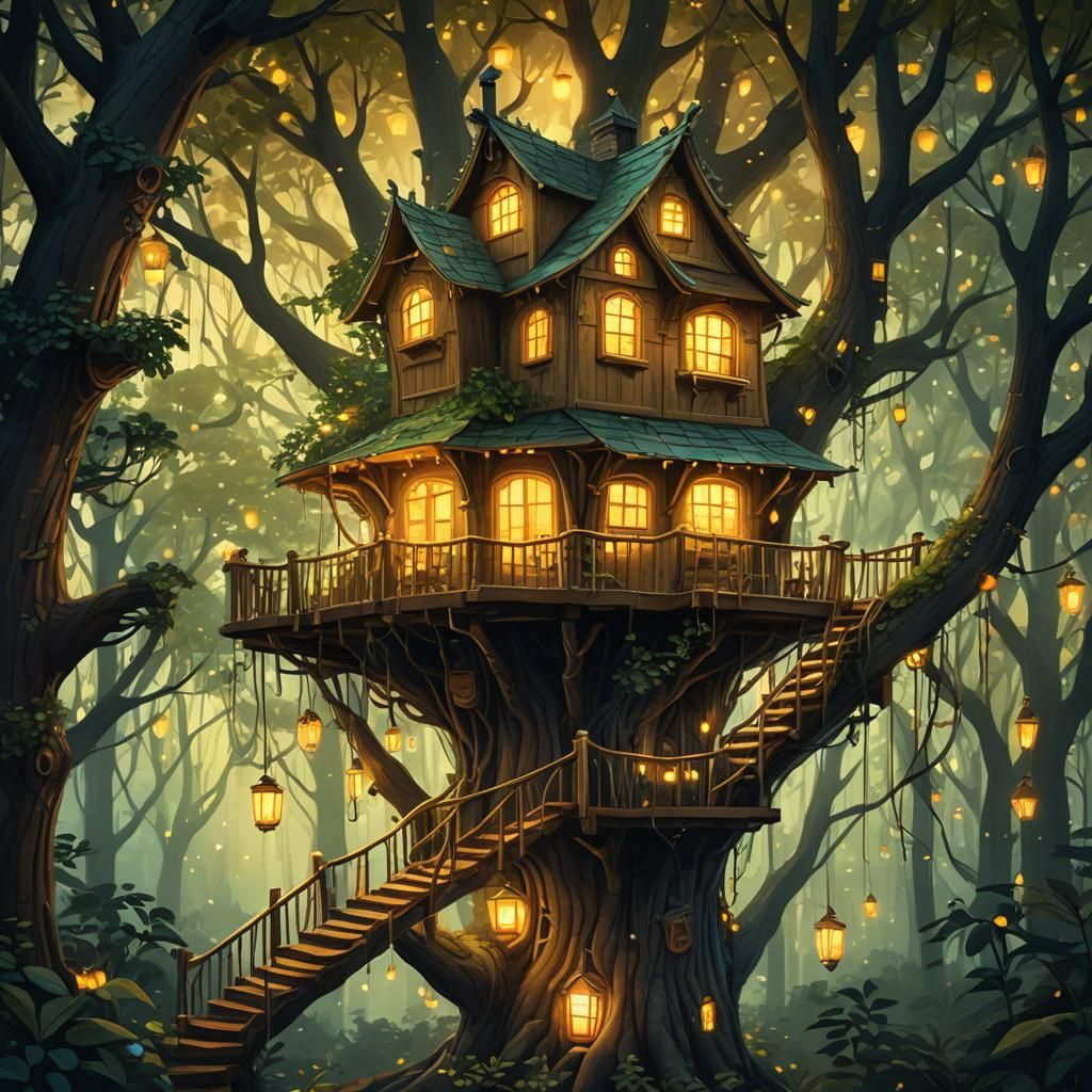 Fantasy Treehouse in Forest at Night with Bird