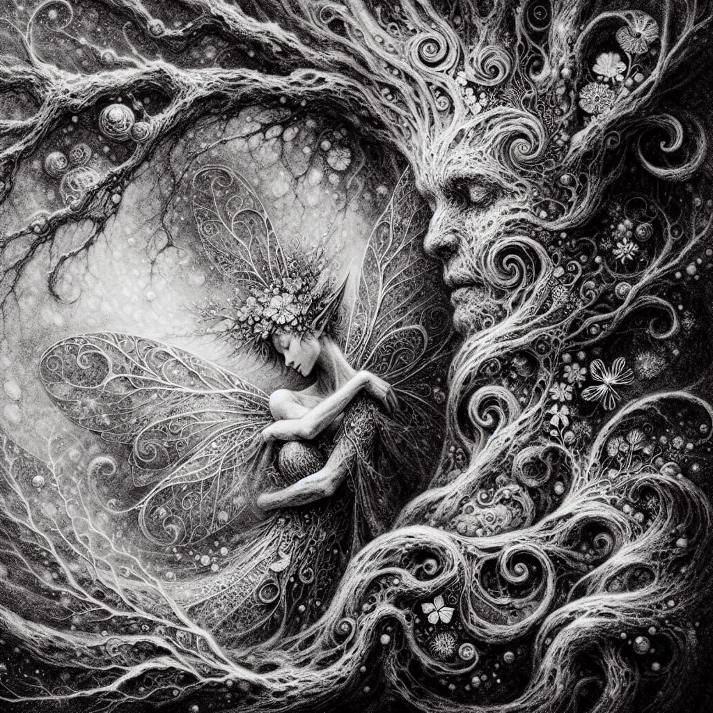 Ethereal Fairy Hugs a Mournful Willow Tree in Charcoal Drawi...