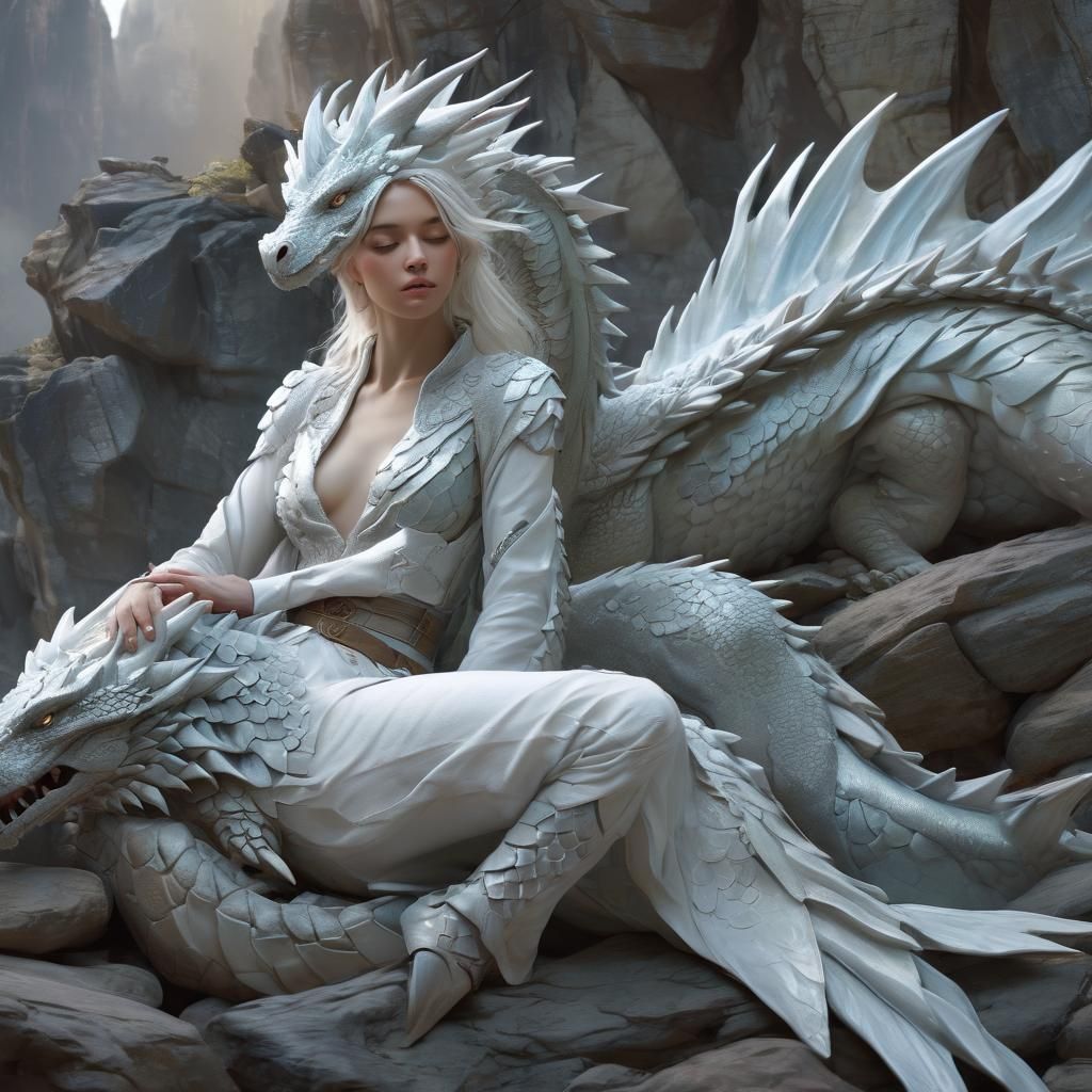 Sleeping Dragon and Woman in Dreamlike Landscape