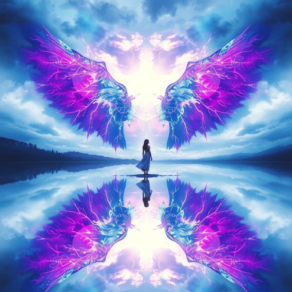 Ethereal Wings in Dramatic Sky over Still Lake