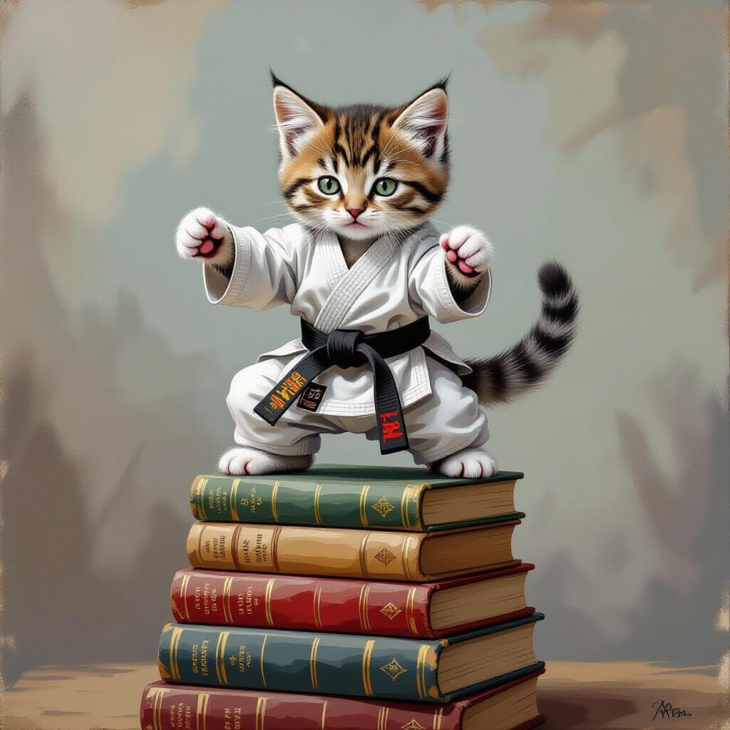Karate Kitten Balances on Books in Impressionist Style