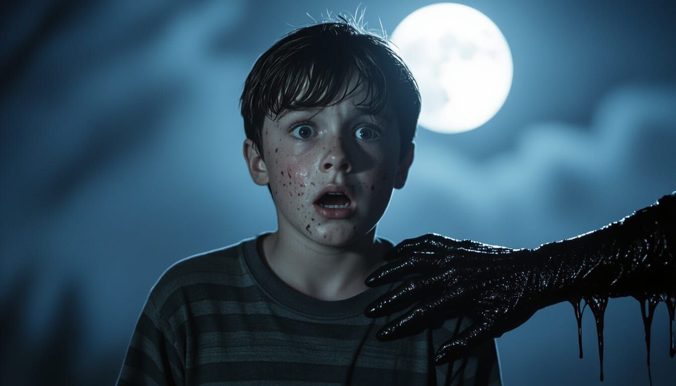Horror Cinematic Close-Up: Ghostly Hand on Boy's Shoulder