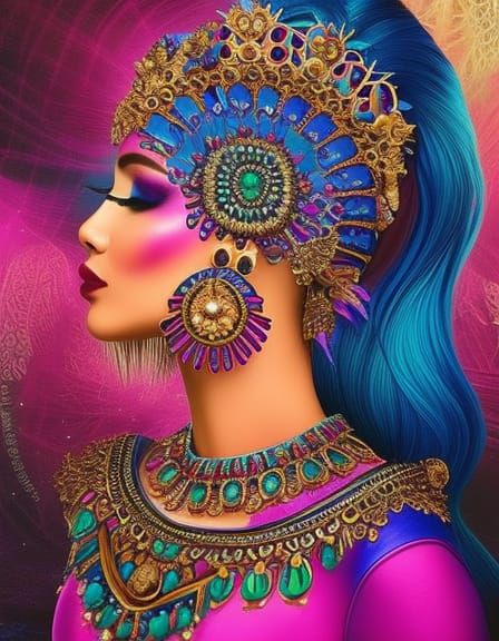Majestic Enchantress Woman in Vivid Colors