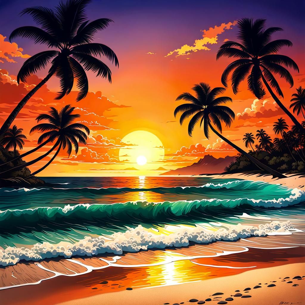 Tropical Beach Sunset with Palm Trees