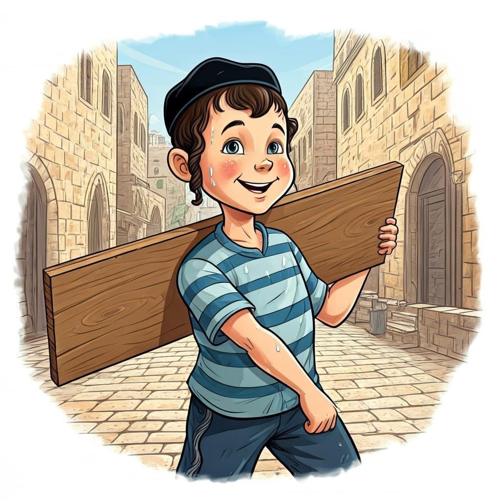 Joyful Boy Builds Sukkah: Black Ink Illustration