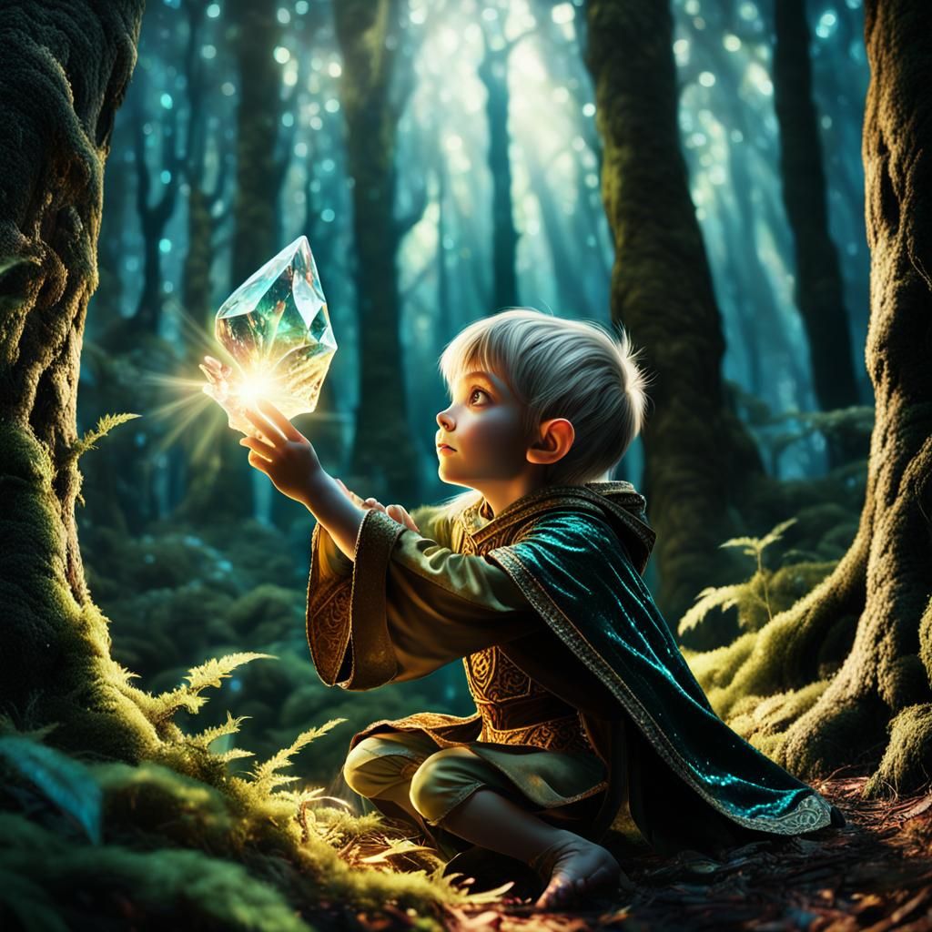 Young Gelfling Holds Crystal in Mystical Forest Scene