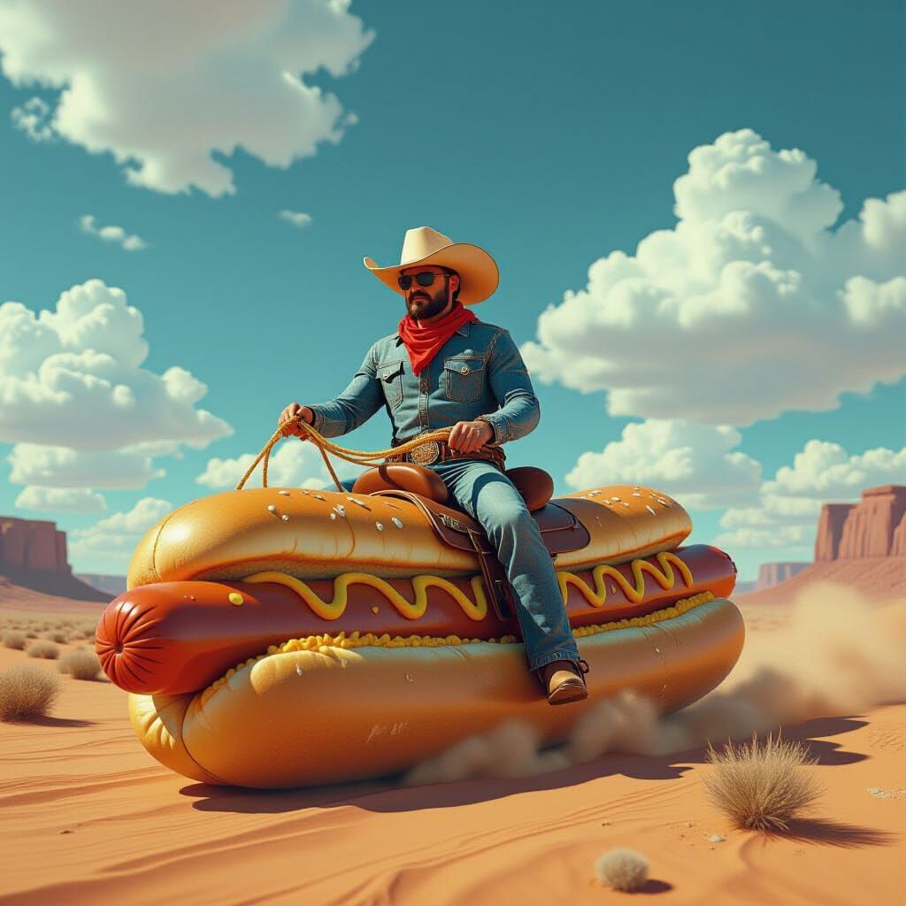 Cowboy Rides Giant Hotdog Through Surreal Desert