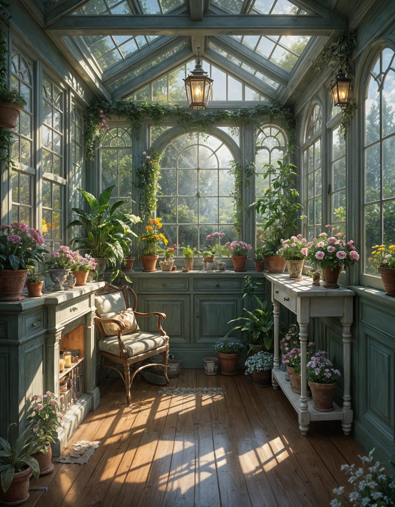 Elegant Cottage Sunroom in Intricate Oil Painting Style