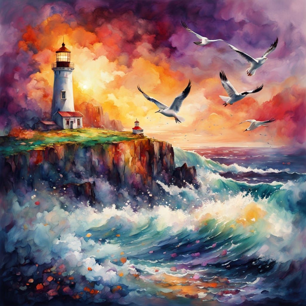 Luminous Lighthouse Against a Whimsical Stormy Skies