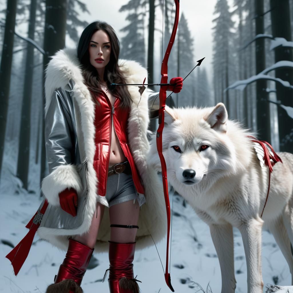 Fantasy Archer with Wolf in Snowy Landscape