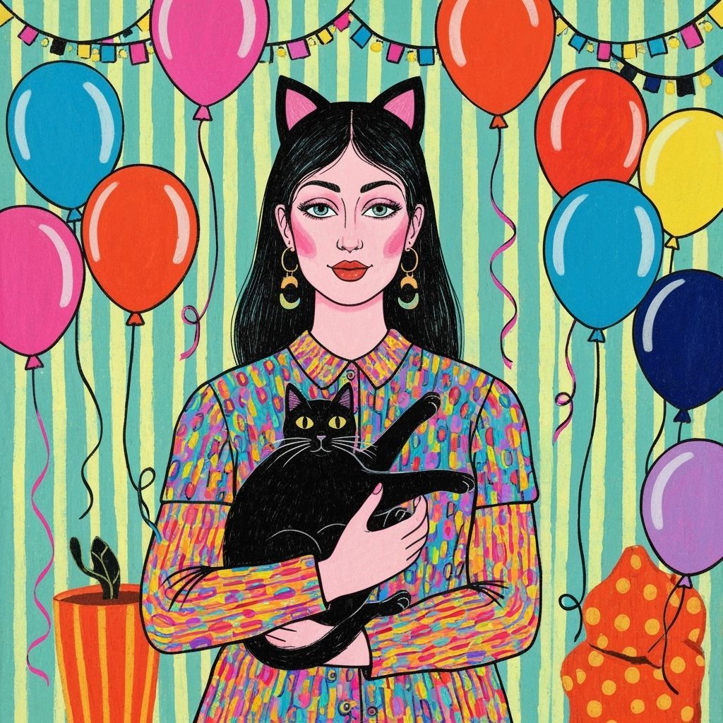 Whimsical Woman with Black Cat and Balloons