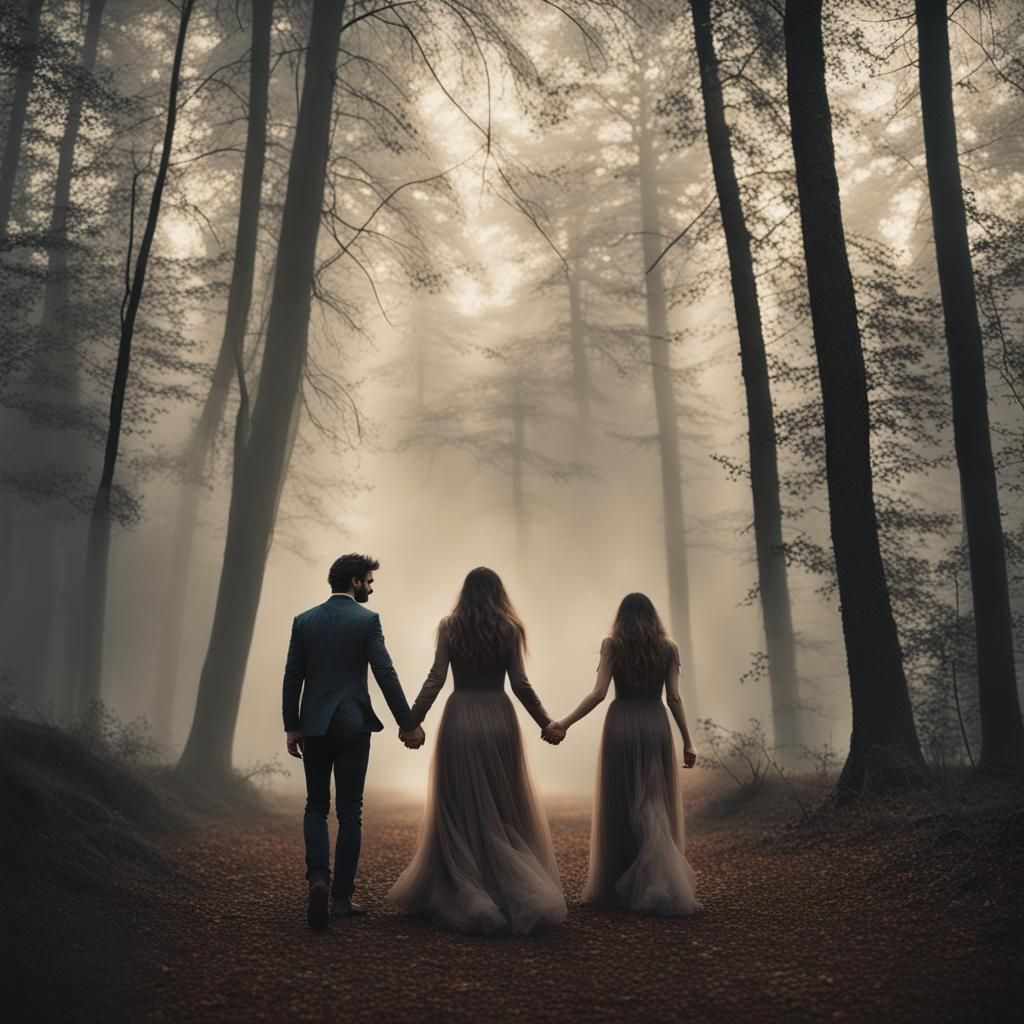 Lovers Stroll Through Misty Forest Clearing