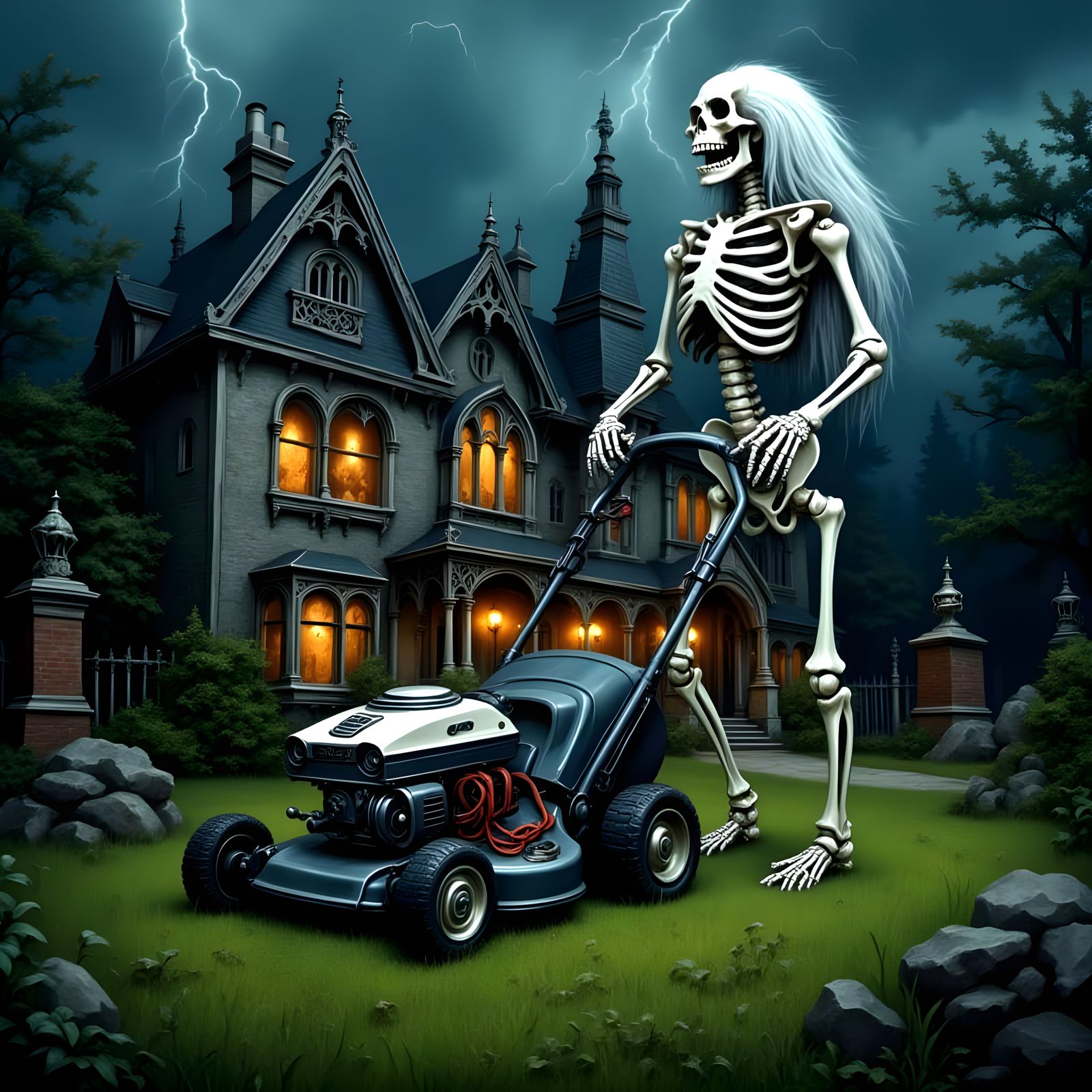 Surreal Skeleton in Gothic Tudor Home During Thunderstorm