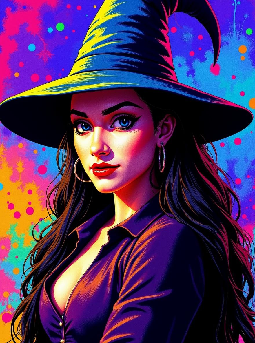 Timeless Witch in 1960s Glitch Art Style