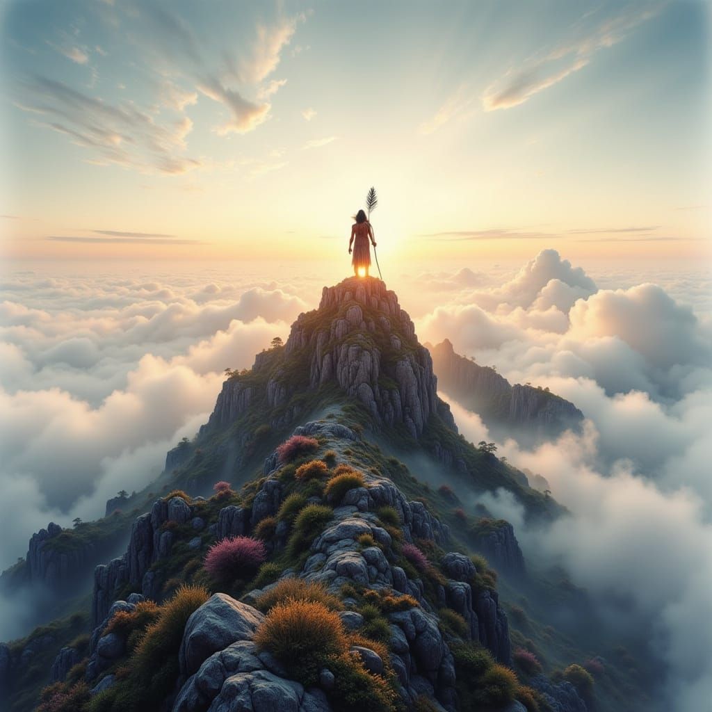 Mystical Mountain Summit with Shaman in Bright Sunshine