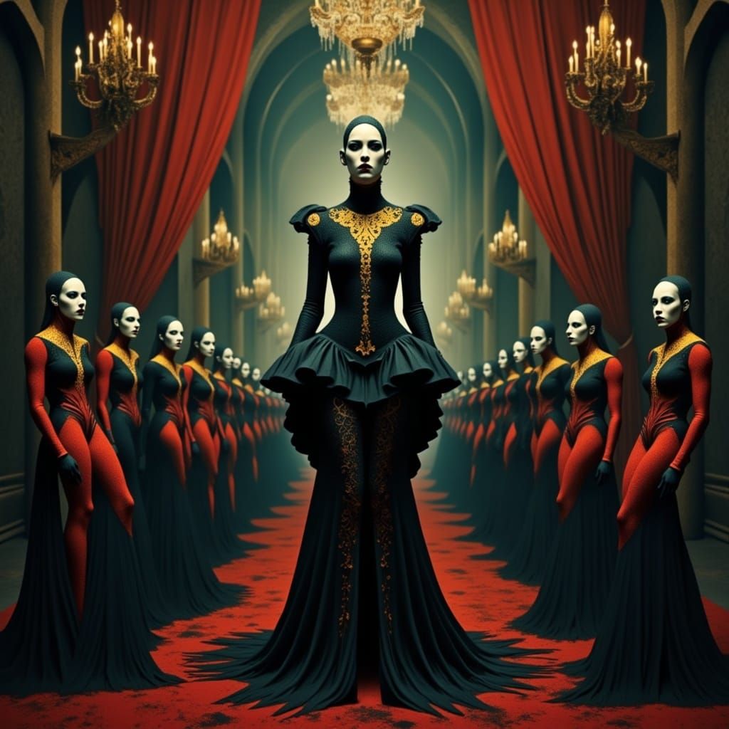 Cyberpunk Lady Gaga Stands in a Dark Gothic Castle