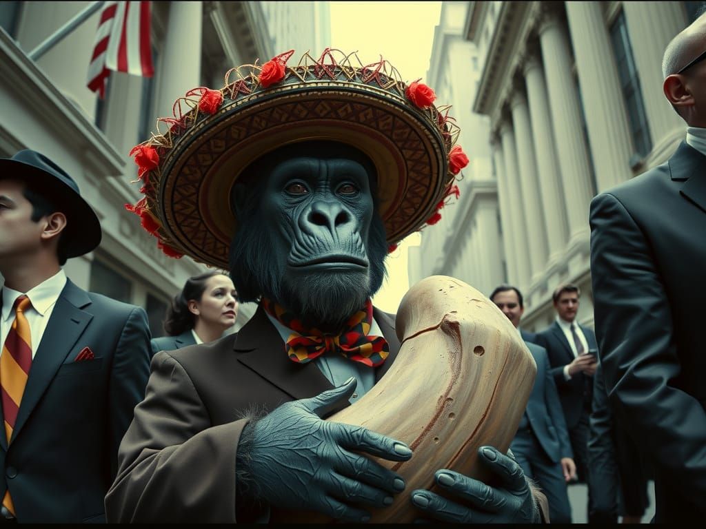 Gorilla Clown on Wall Street: A Cinematic Film Still