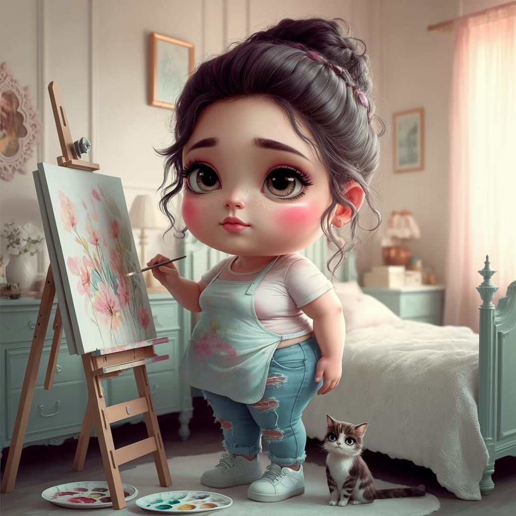 Charming Pakistani Woman Paints in Cozy Pastel Bedroom