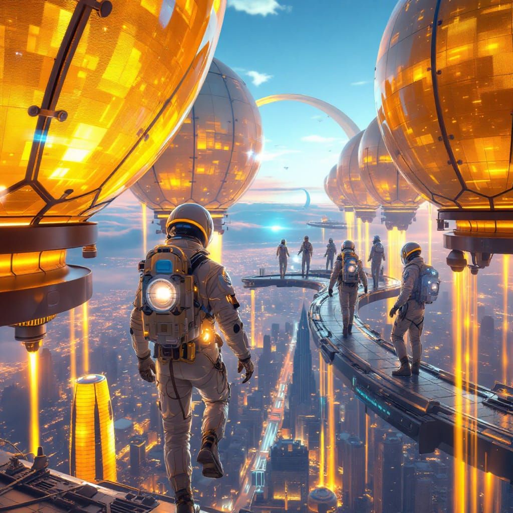 Golden Solar Balloons Above Clouds with Futuristic Workers
