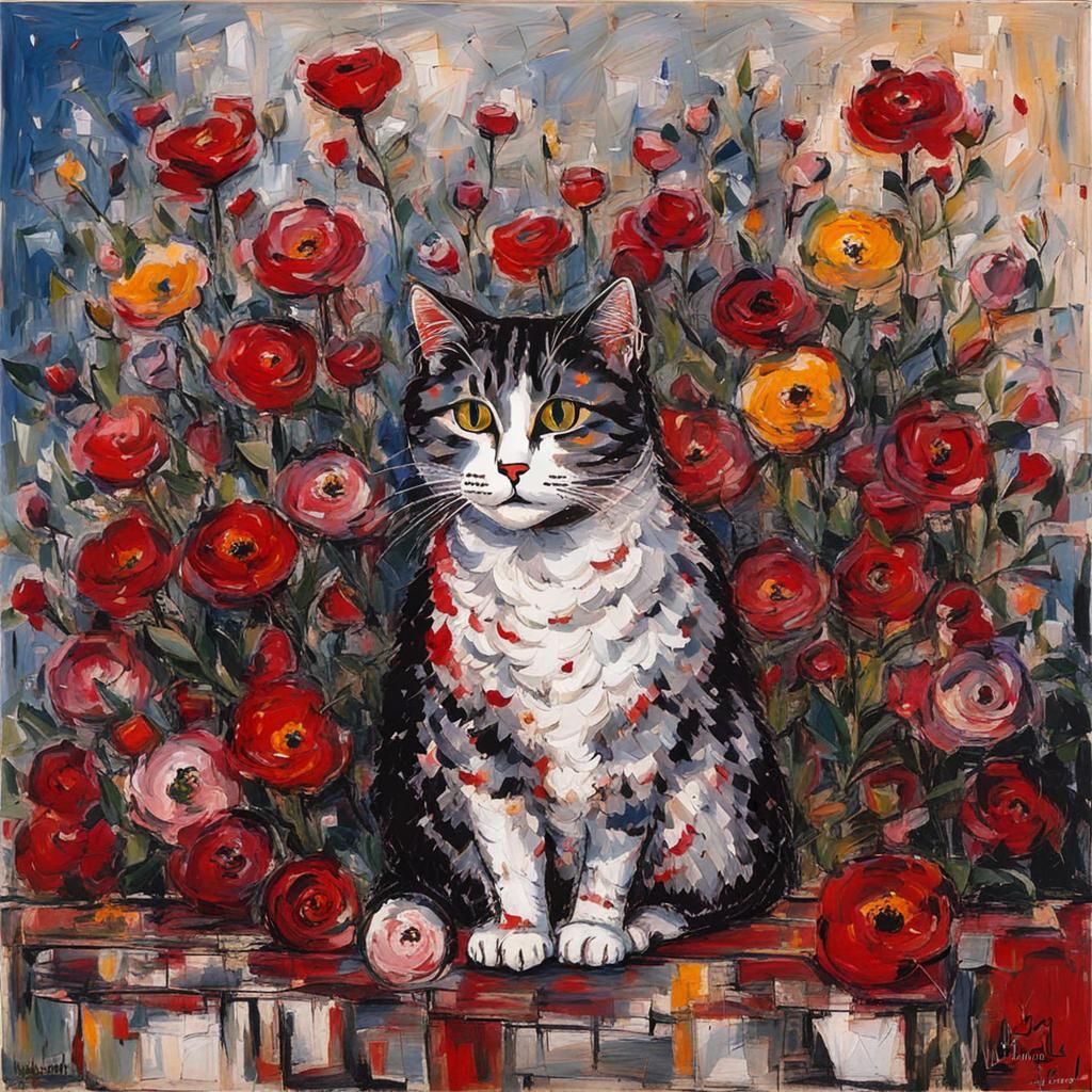 Abstract Cat Surrounded by Flowers and Lights