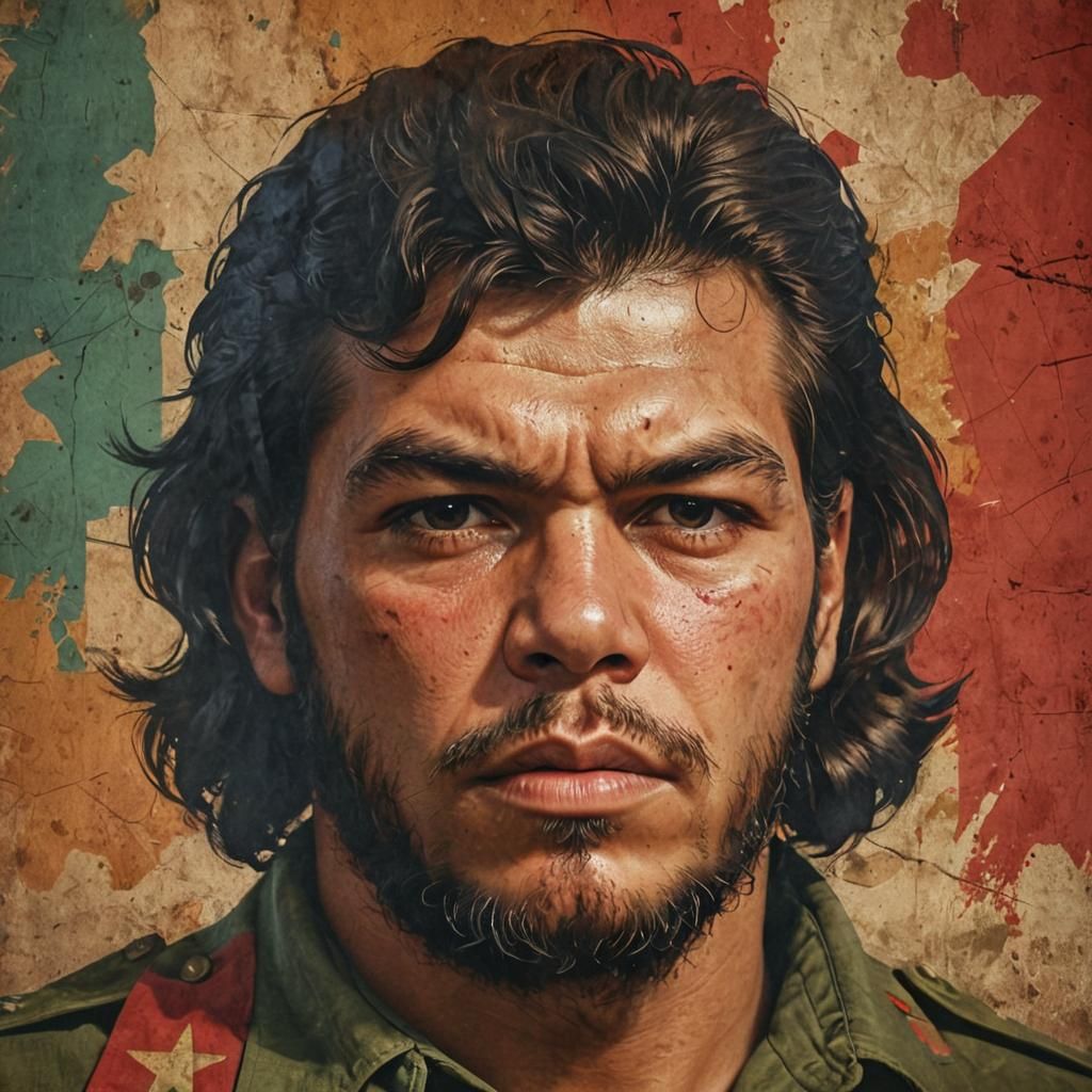 Che Guevara's determined face with a strong jawline and inte...