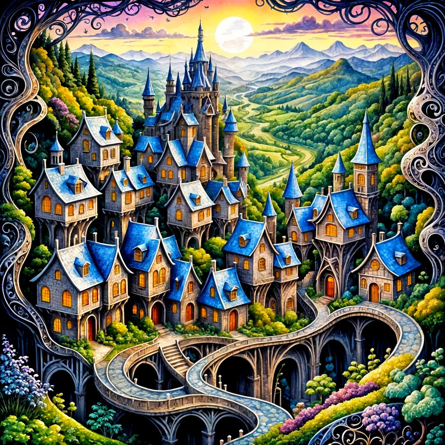 Dreamy Watercolour Village in Whimsical Heart-Shaped Landsca...