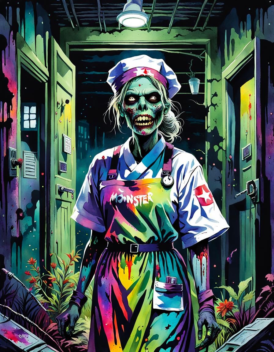 Zombie Nurse Portrait in Macabre Watercolor Style